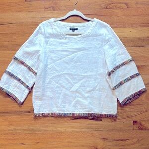 For Cynthia Linen Top Women’s Petite Large White Fringe Coastal Cottagecore